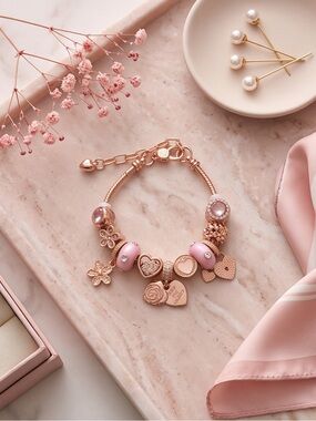 Rose Gold Charm Bracelet - Sparkling Paw Print, Flowers & Pink Shimmer (6–8")